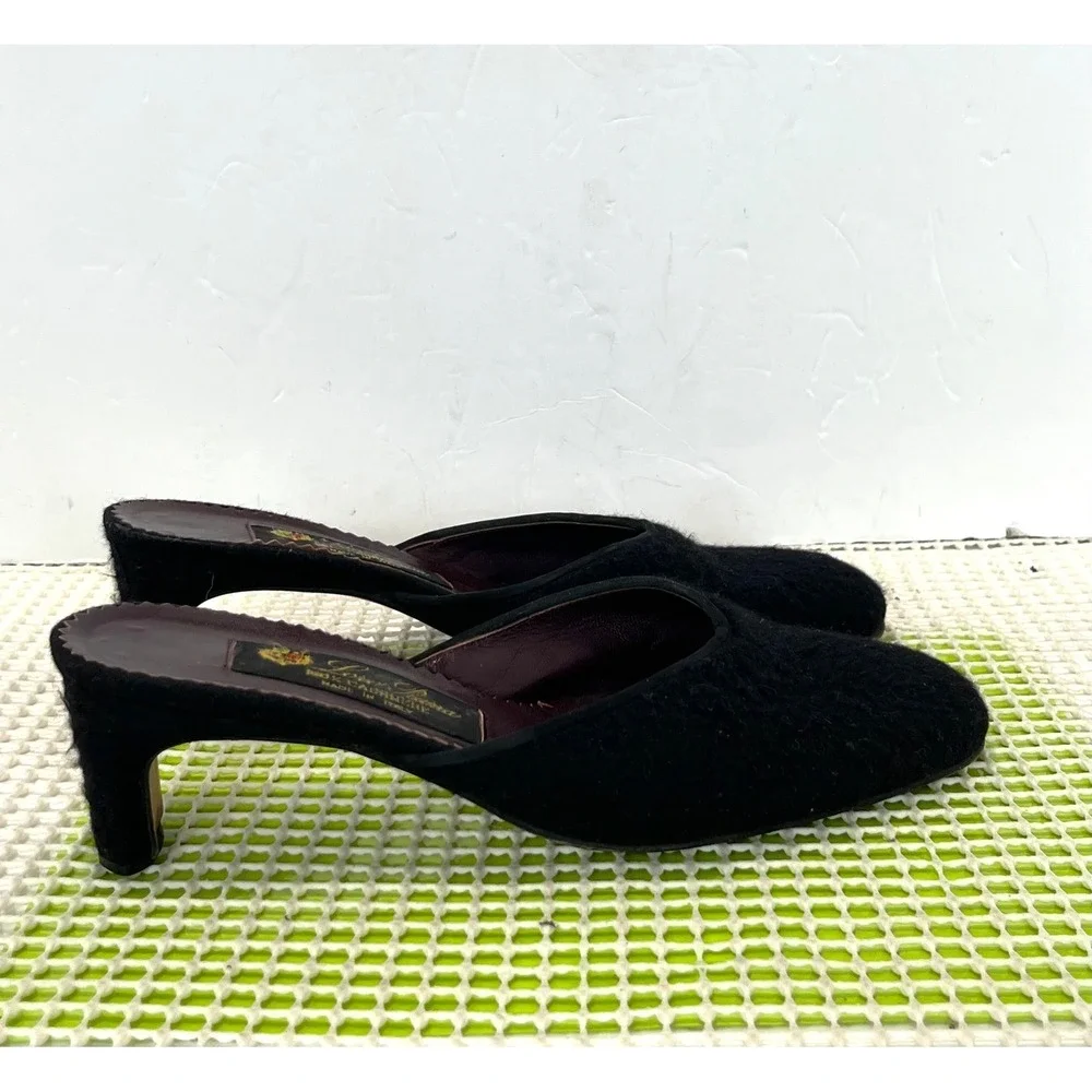 Loro Piana Kitten Heel Mules Women's 37 Black 100% Cashmere Almond Toe